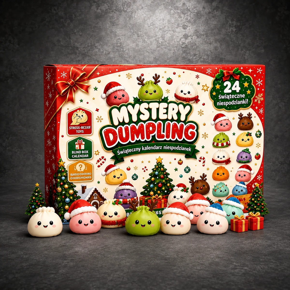 Mystery Dumpling Christmas advent calendar box with squishy characters, dark studio background