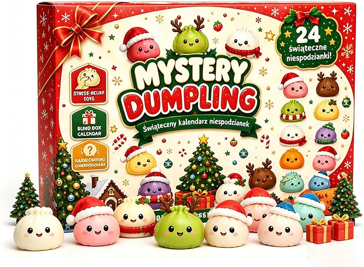 Christmas dumpling squishy advent calendar with mini squishies, white background
