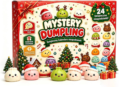 Christmas dumpling squishy advent calendar with mini squishies, white background